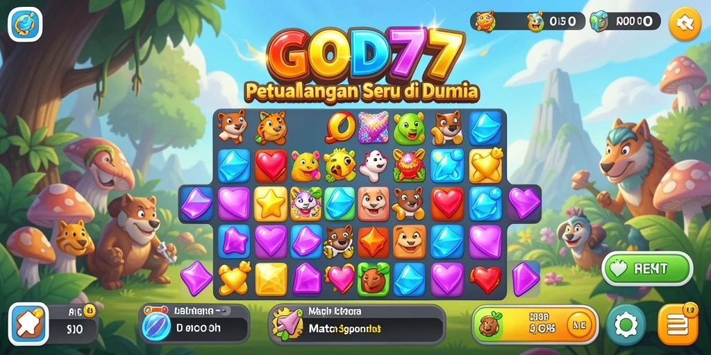 Screenshot GOD77 menampilkan aksi seru gameplay Match-3 yang penuh warna.