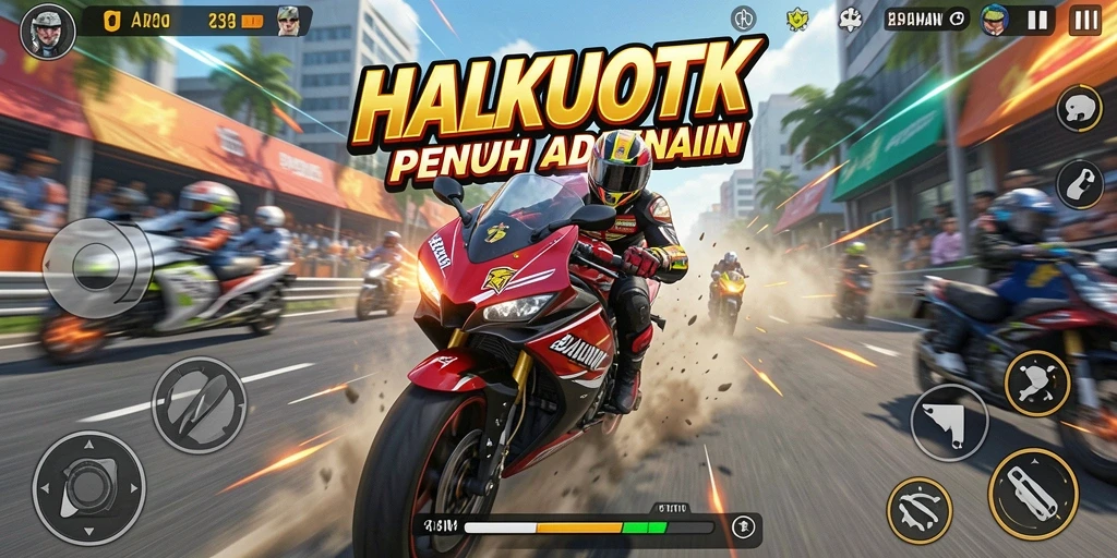 Tampilan gameplay balapan motor yang seru dan mendebarkan.
