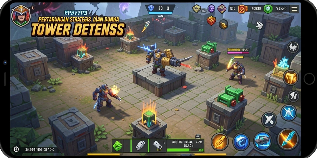 Tampilan layar utama RPVIP3 dengan aksi Tower Defense yang seru.