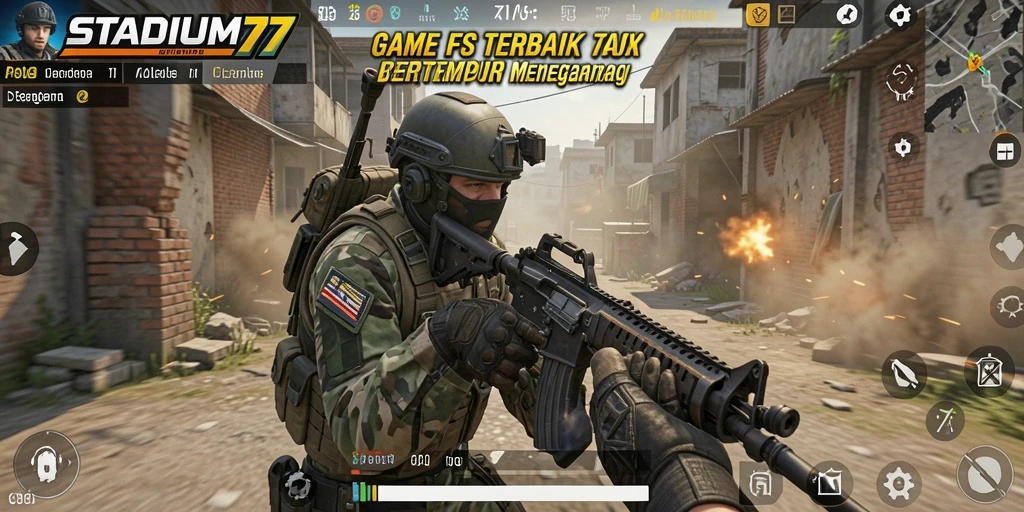 Screenshot dari gameplay intens STADIUM77 dalam pertempuran FPS.