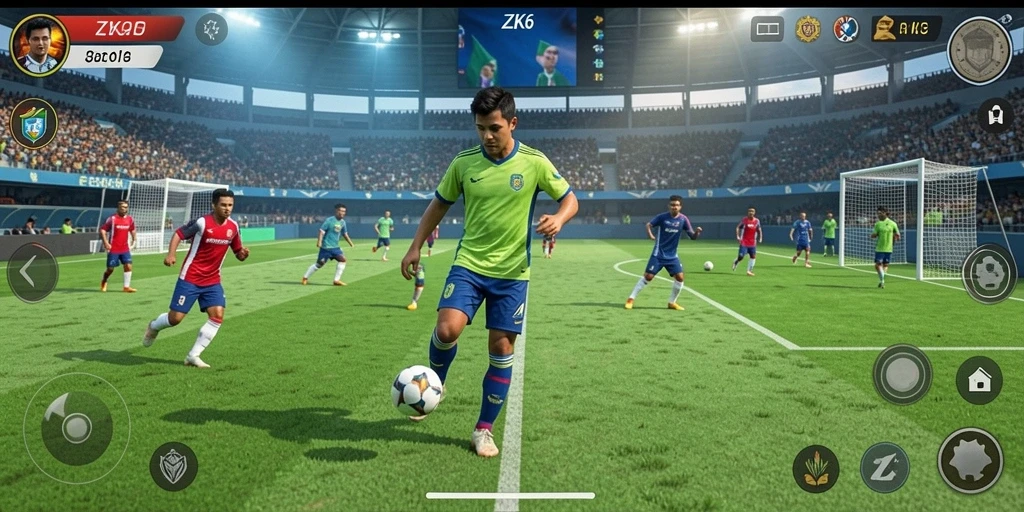 Gameplay ZK6 menghadirkan aksi sepak bola yang mendebarkan.